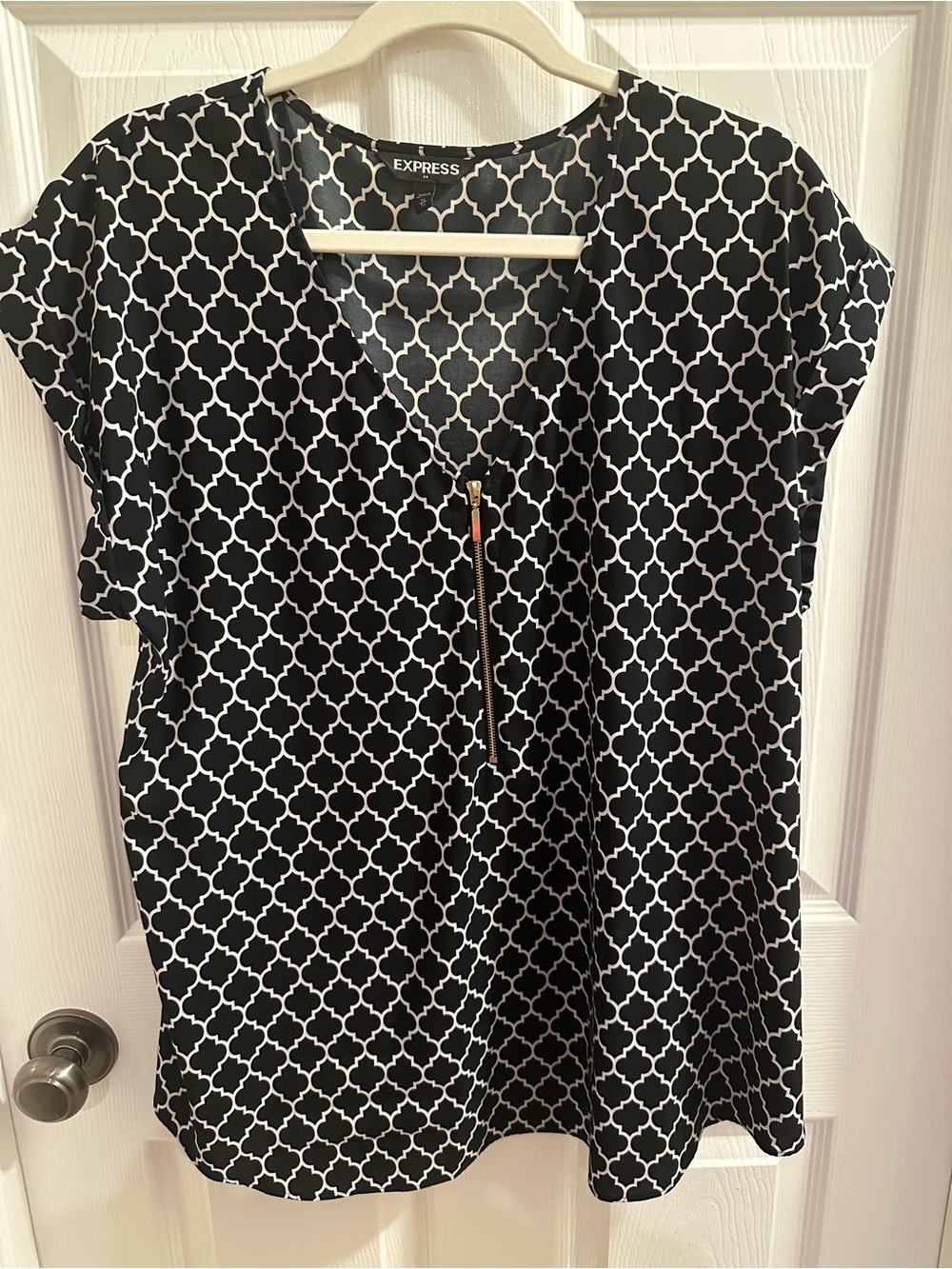 Express Black & White Geometric Zip-Front Top